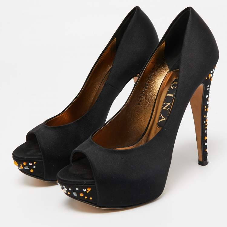 Pre Owned Gina Black Satin Jenna Crystal Embellished Platform Pumps Size 37.5