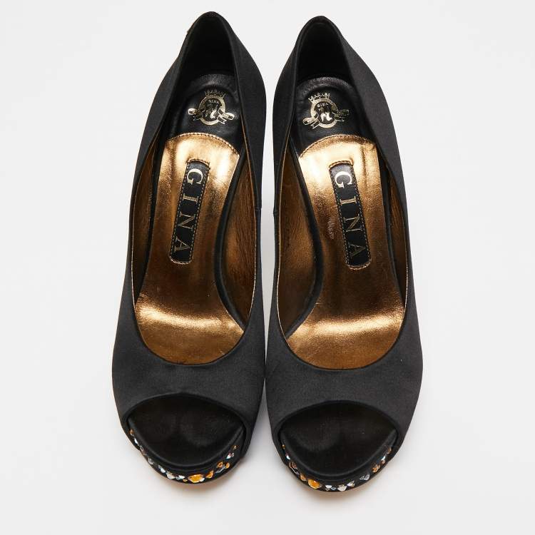 Pre Owned Gina Black Satin Jenna Crystal Embellished Platform Pumps Size 37.5