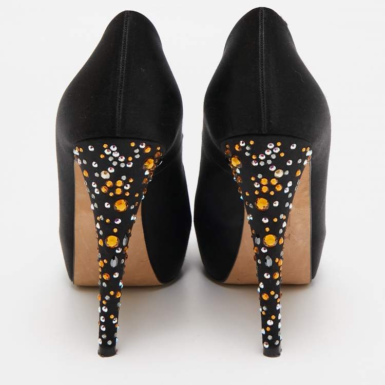 Pre Owned Gina Black Satin Jenna Crystal Embellished Platform Pumps Size 37.5