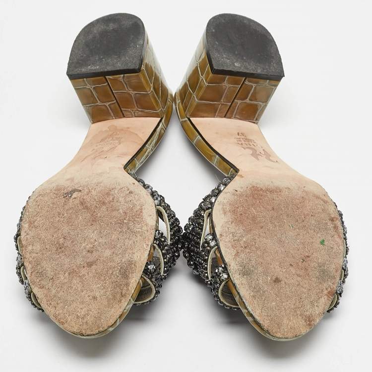 Pre Owned Gina Green Croc Embossed Leather and Leather Crystal Embellished Slide Sandals Size 37