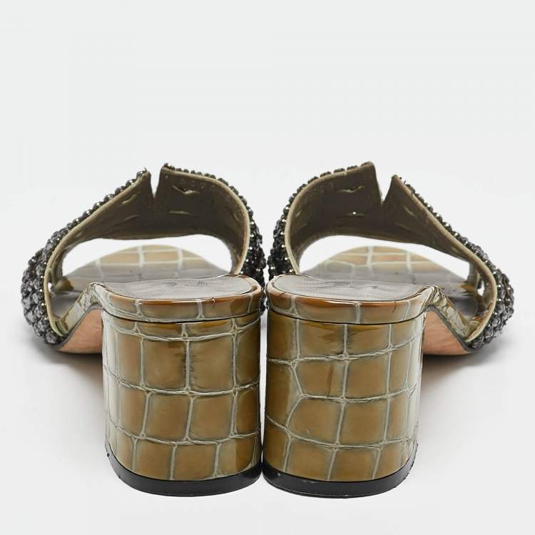 Pre Owned Gina Green Croc Embossed Leather and Leather Crystal Embellished Slide Sandals Size 37