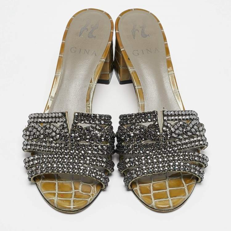 Pre Owned Gina Green Croc Embossed Leather and Leather Crystal Embellished Slide Sandals Size 37