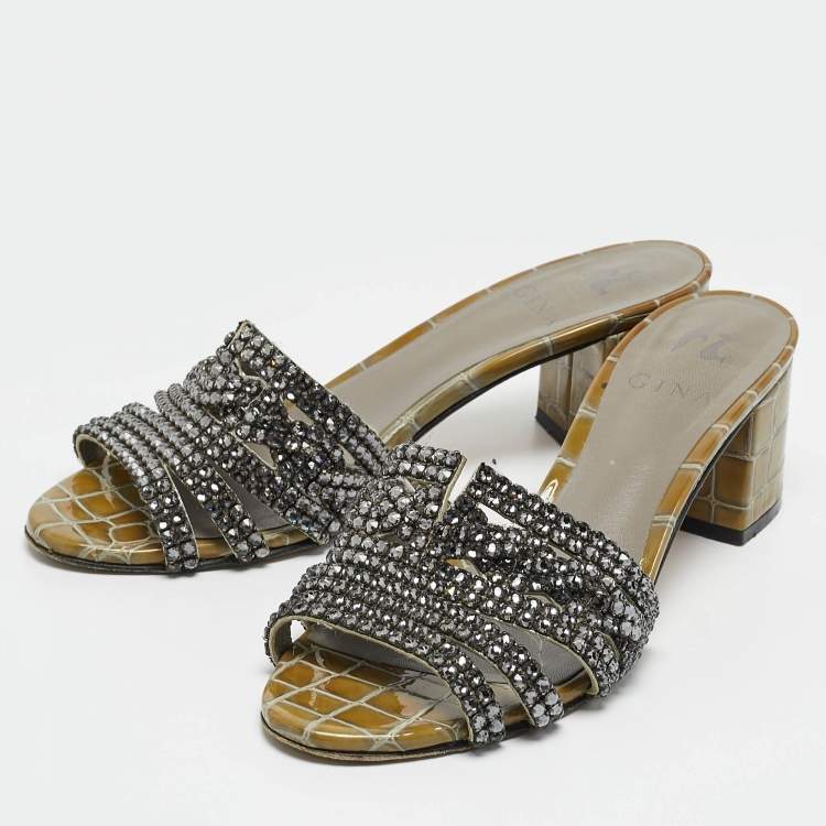 Pre Owned Gina Green Croc Embossed Leather and Leather Crystal Embellished Slide Sandals Size 37