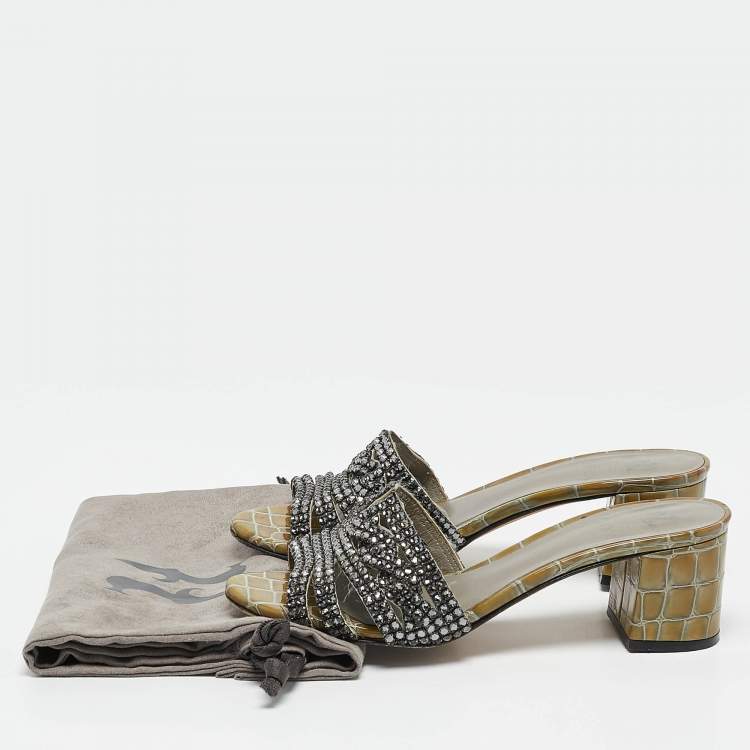 Pre Owned Gina Green Croc Embossed Leather and Leather Crystal Embellished Slide Sandals Size 37