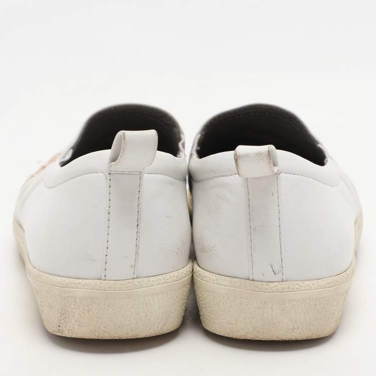 Pre Owned Gina White/Beige Leather and Satin Crystal Embellished Slip On Sneakers Size 38