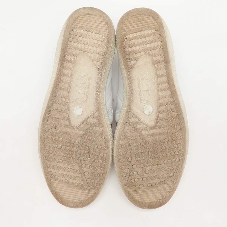 Pre Owned Gina White/Beige Leather and Satin Crystal Embellished Slip On Sneakers Size 38