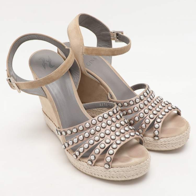Pre Owned Gina Pink Satin and Suede Pearl Embellished Wedge Sandals Size 40