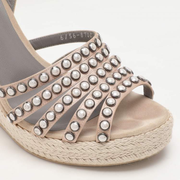 Pre Owned Gina Pink Satin and Suede Pearl Embellished Wedge Sandals Size 40