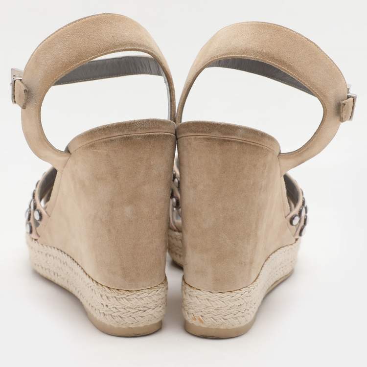 Pre Owned Gina Pink Satin and Suede Pearl Embellished Wedge Sandals Size 40