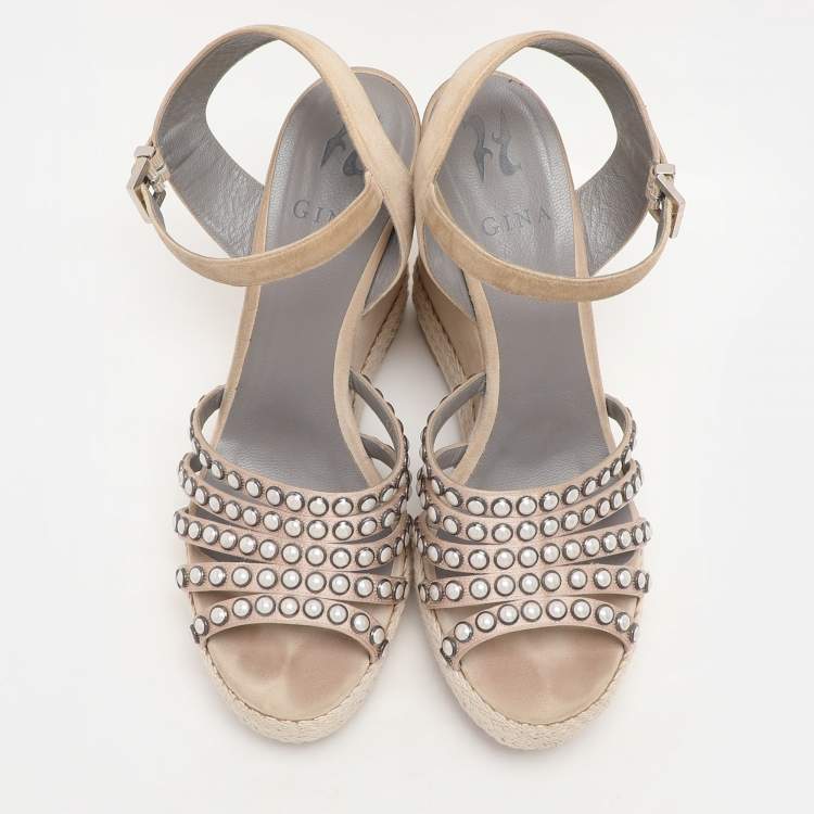 Pre Owned Gina Pink Satin and Suede Pearl Embellished Wedge Sandals Size 40