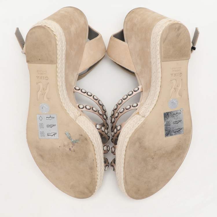 Pre Owned Gina Pink Satin and Suede Pearl Embellished Wedge Sandals Size 40