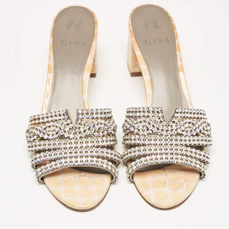 Pre Owned Gina Beige Leather Crystal Embellished Rodeo Slide Sandals Size 40
