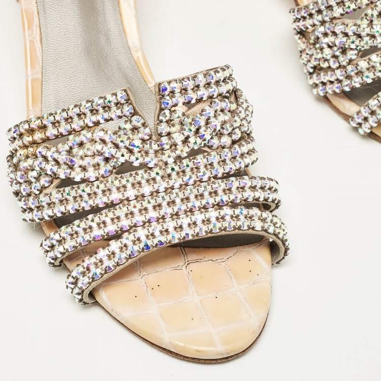 Pre Owned Gina Beige Leather Crystal Embellished Rodeo Slide Sandals Size 40
