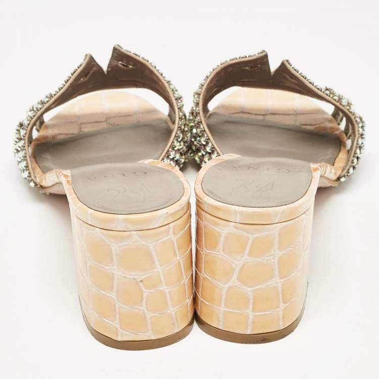 Pre Owned Gina Beige Leather Crystal Embellished Rodeo Slide Sandals Size 40