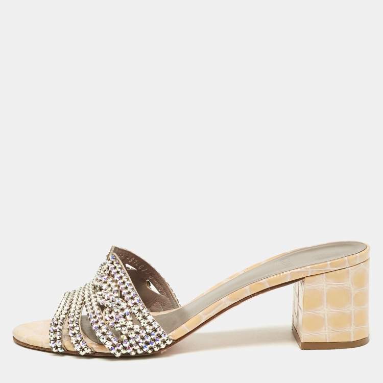 Pre Owned Gina Beige Leather Crystal Embellished Rodeo Slide Sandals Size 40