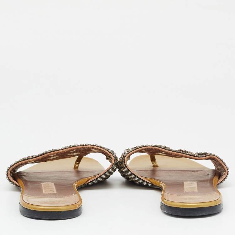 Pre Owned Gina Green Crystal Embellished Leather Flat Slides Size 39