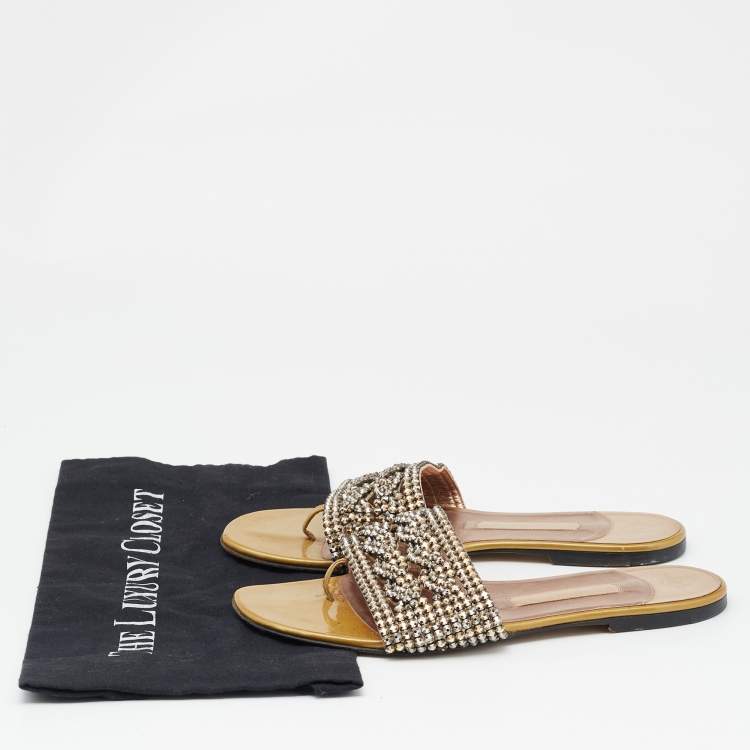 Pre Owned Gina Green Crystal Embellished Leather Flat Slides Size 39