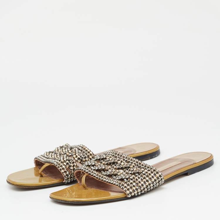 Pre Owned Gina Green Crystal Embellished Leather Flat Slides Size 39