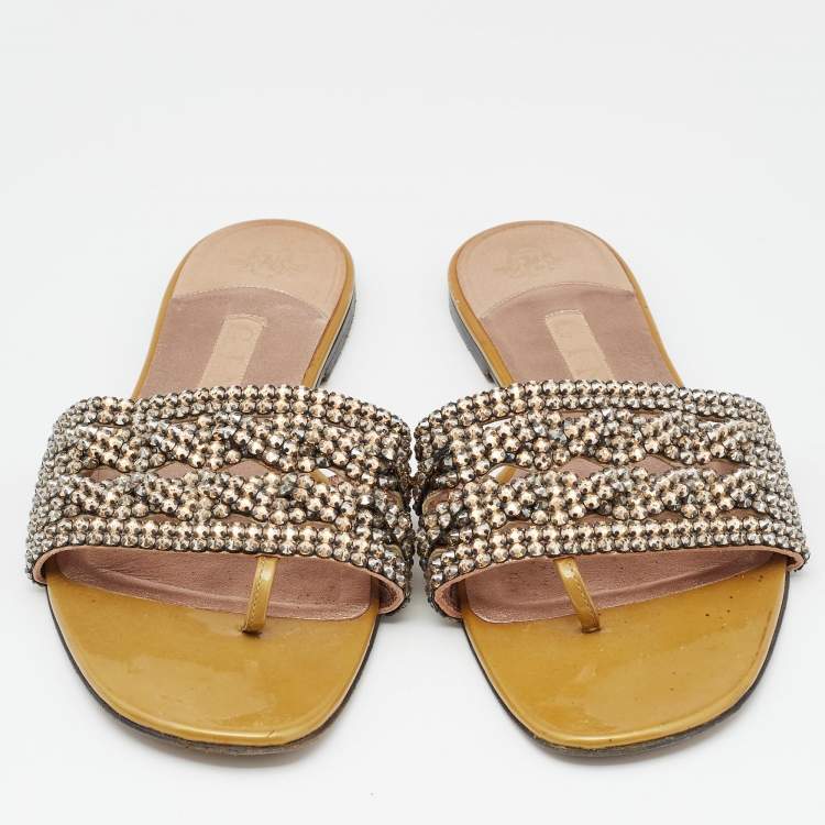 Pre Owned Gina Green Crystal Embellished Leather Flat Slides Size 39