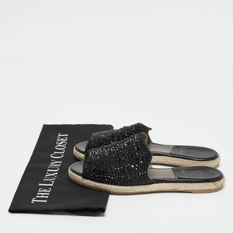 Pre Owned Gina Black Satin Crystal Embellished Espadrille Flats Size 37