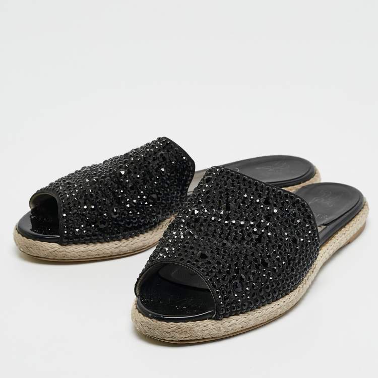 Pre Owned Gina Black Satin Crystal Embellished Espadrille Flats Size 37