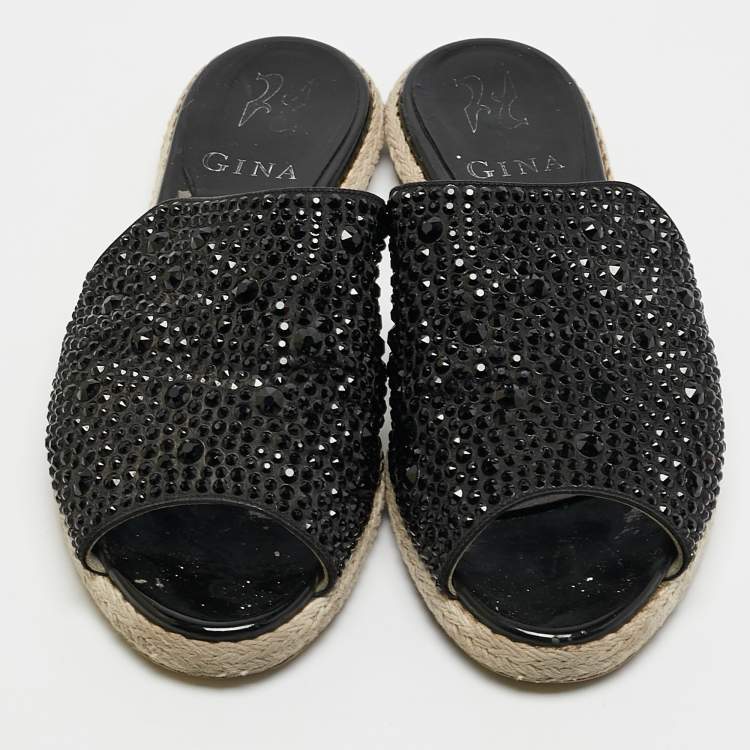 Pre Owned Gina Black Satin Crystal Embellished Espadrille Flats Size 37