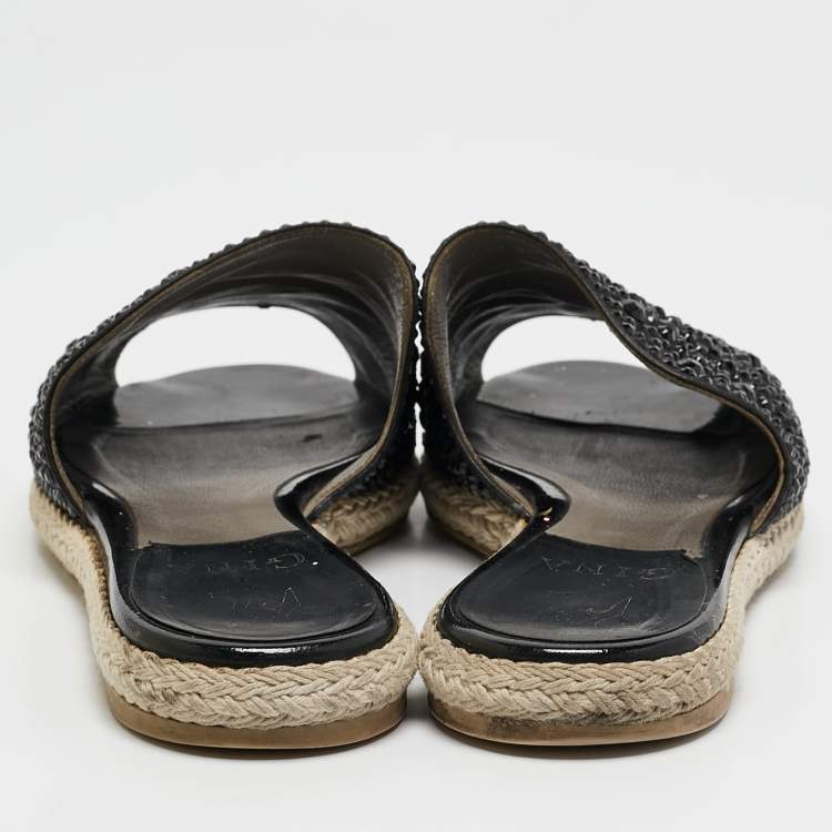 Pre Owned Gina Black Satin Crystal Embellished Espadrille Flats Size 37