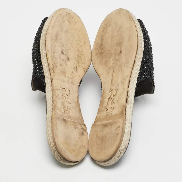 Pre Owned Gina Black Satin Crystal Embellished Espadrille Flats Size 37