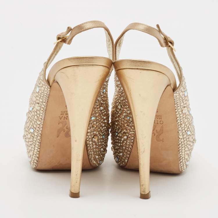 Pre Owned Gina Gold Satin and Leather Crystals Embellished Slingback Sandals Size 38.5