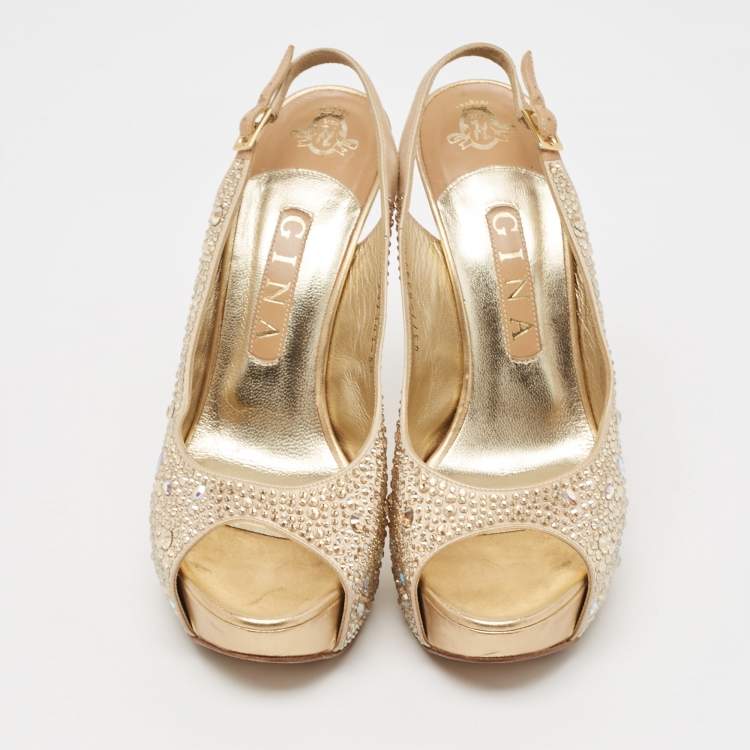 Pre Owned Gina Gold Satin and Leather Crystals Embellished Slingback Sandals Size 38.5