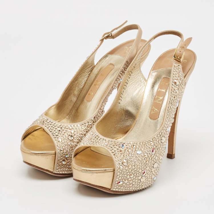 Pre Owned Gina Gold Satin and Leather Crystals Embellished Slingback Sandals Size 38.5