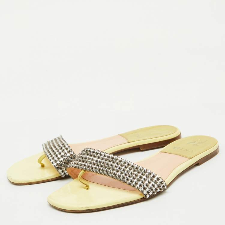 Pre Owned Gina Yellow Crystal Embellished Leather Flat Sandals Size 38.5