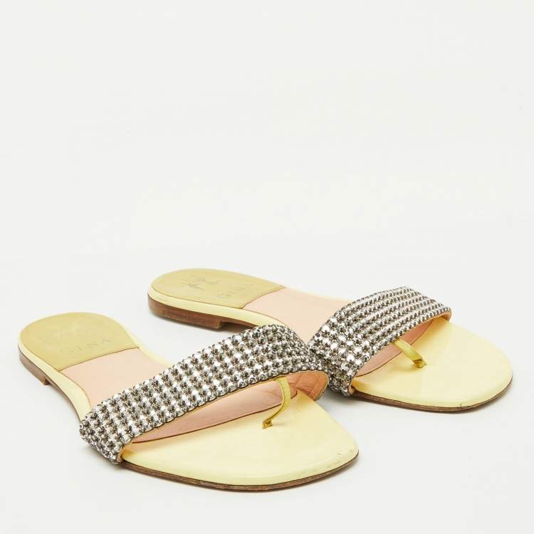 Pre Owned Gina Yellow Crystal Embellished Leather Flat Sandals Size 38.5