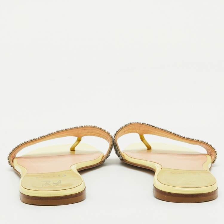 Pre Owned Gina Yellow Crystal Embellished Leather Flat Sandals Size 38.5