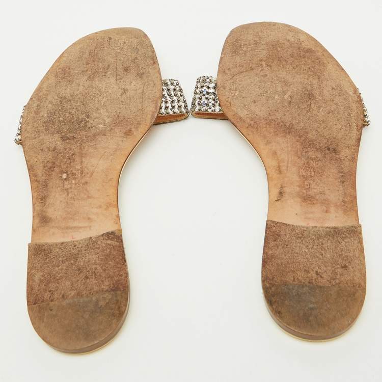 Pre Owned Gina Yellow Crystal Embellished Leather Flat Sandals Size 38.5