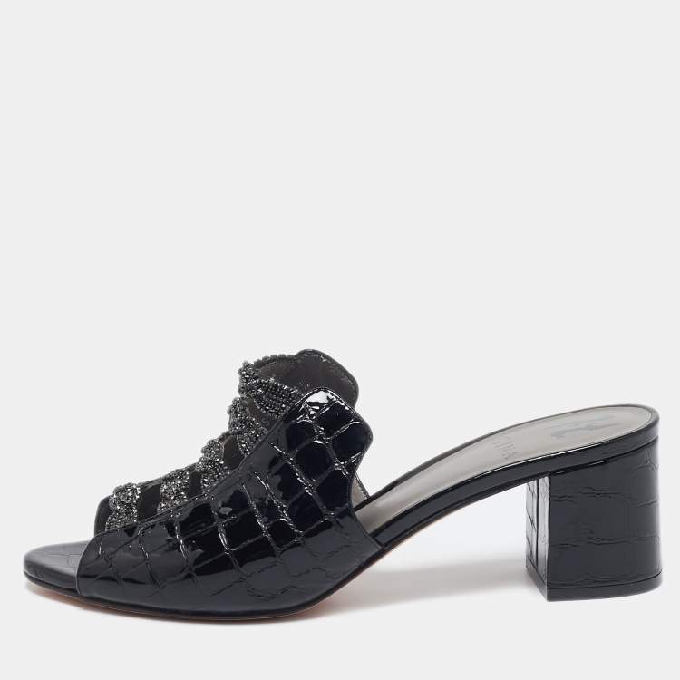 Pre Owned Gina Black Croc Embossed Patent Leather Crystal Block Heel Slide Sandals Size 38.5