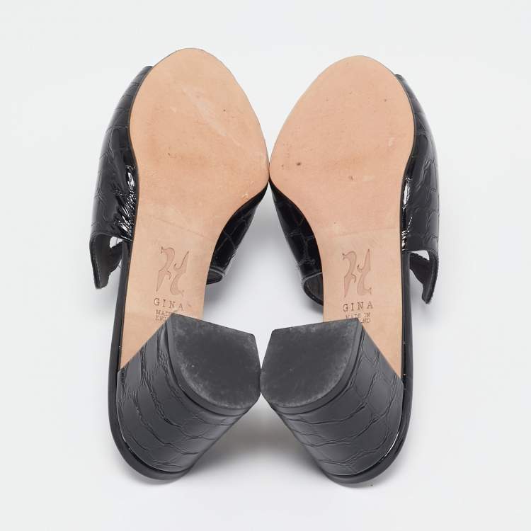 Pre Owned Gina Black Croc Embossed Patent Leather Crystal Block Heel Slide Sandals Size 38.5