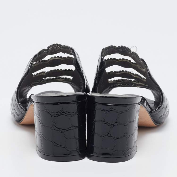 Pre Owned Gina Black Croc Embossed Patent Leather Crystal Block Heel Slide Sandals Size 38.5