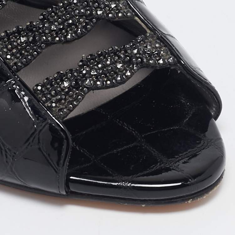 Pre Owned Gina Black Croc Embossed Patent Leather Crystal Block Heel Slide Sandals Size 38.5