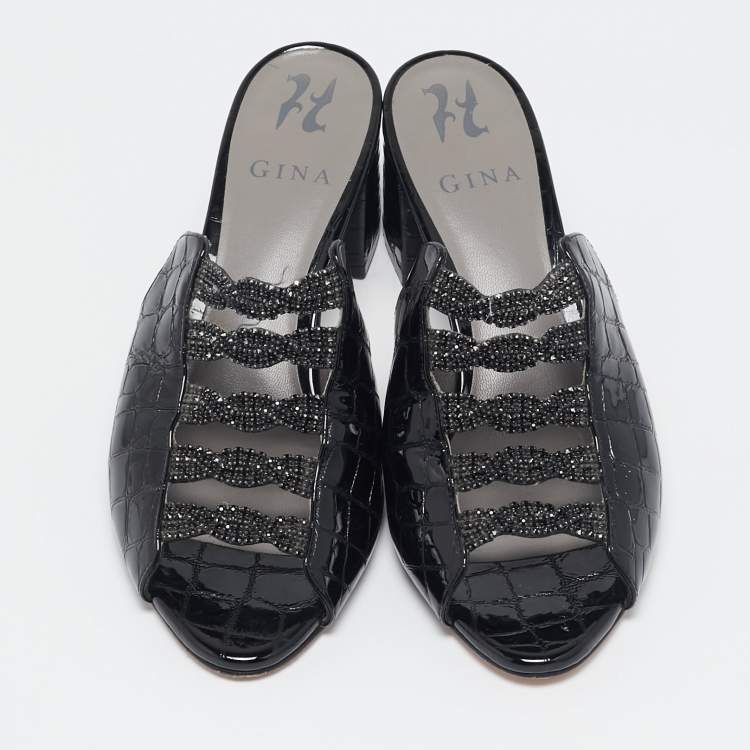 Pre Owned Gina Black Croc Embossed Patent Leather Crystal Block Heel Slide Sandals Size 38.5