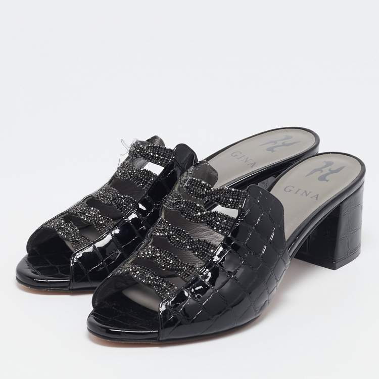 Pre Owned Gina Black Croc Embossed Patent Leather Crystal Block Heel Slide Sandals Size 38.5