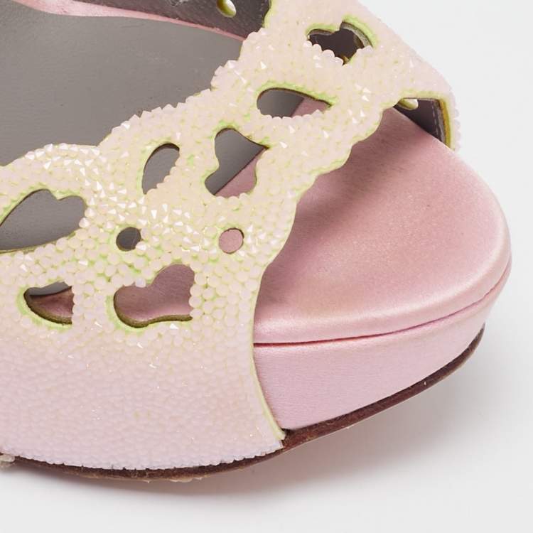 Pre Owned Gina Light Pink Crystal Embellished Suede Cut-Out Platform Slingback Sandals Size 38.5