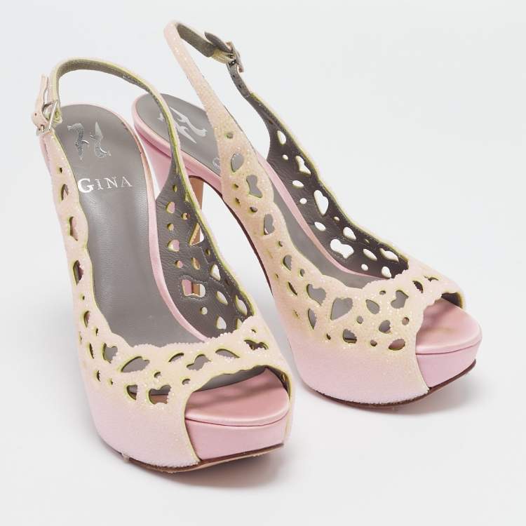 Pre Owned Gina Light Pink Crystal Embellished Suede Cut-Out Platform Slingback Sandals Size 38.5