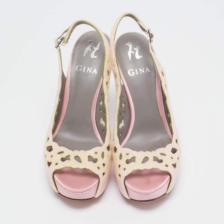 Pre Owned Gina Light Pink Crystal Embellished Suede Cut-Out Platform Slingback Sandals Size 38.5