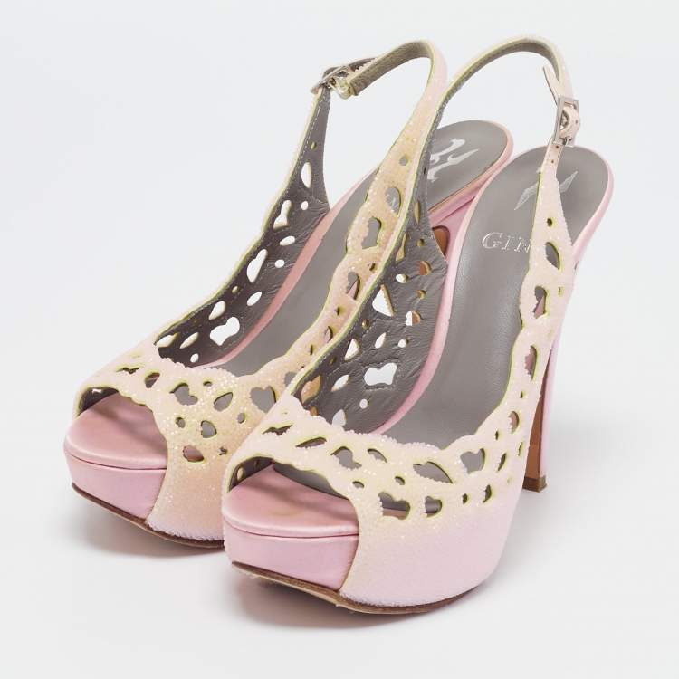 Pre Owned Gina Light Pink Crystal Embellished Suede Cut-Out Platform Slingback Sandals Size 38.5