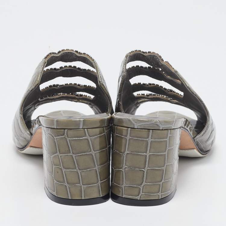 Pre Owned Gina Green Croc Embossed Patent Leather Block Heel Sandals Size 38.5