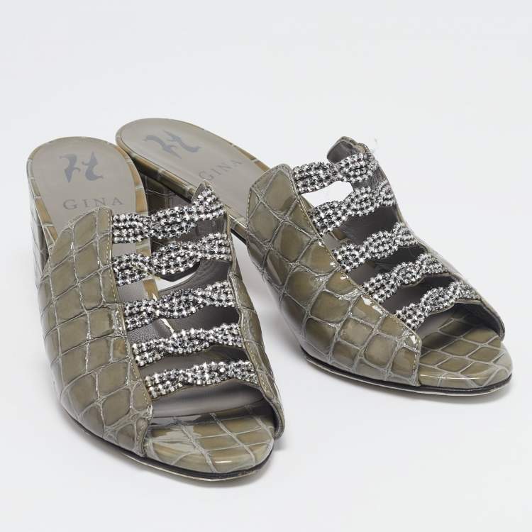 Pre Owned Gina Green Croc Embossed Patent Leather Block Heel Sandals Size 38.5