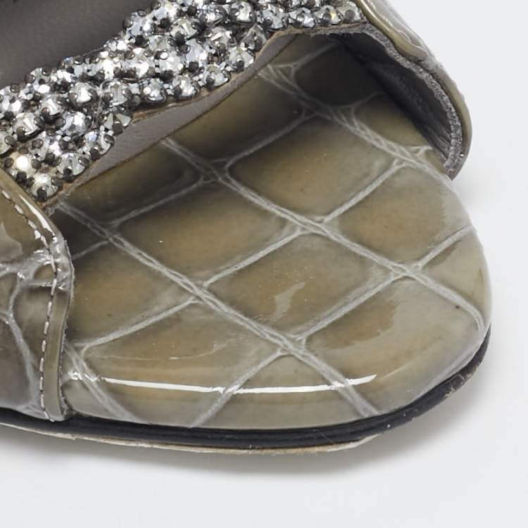 Pre Owned Gina Green Croc Embossed Patent Leather Block Heel Sandals Size 38.5