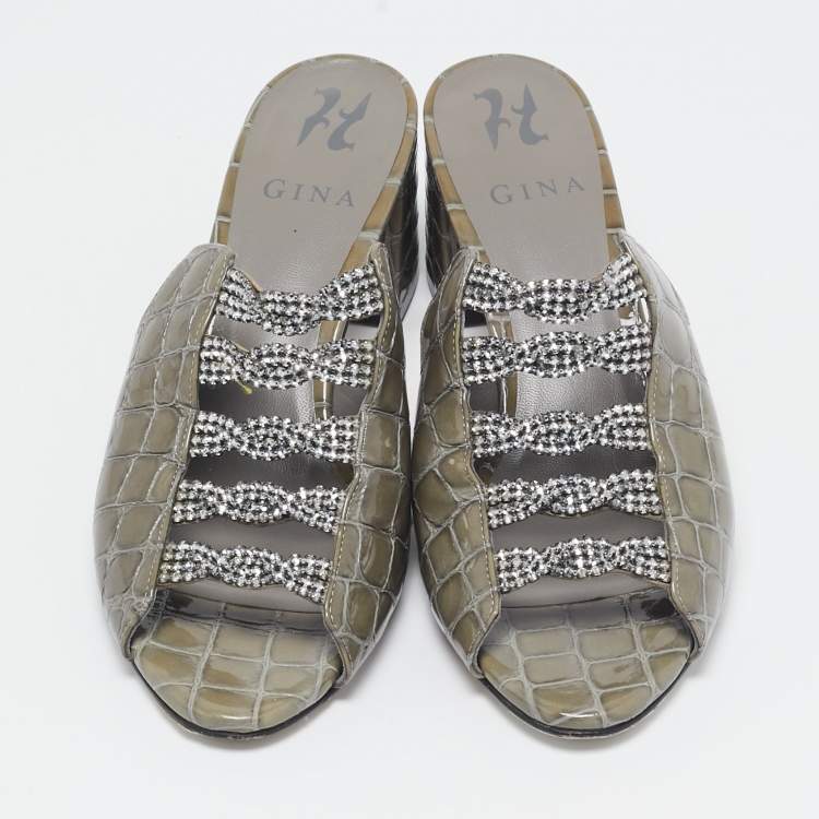 Pre Owned Gina Green Croc Embossed Patent Leather Block Heel Sandals Size 38.5