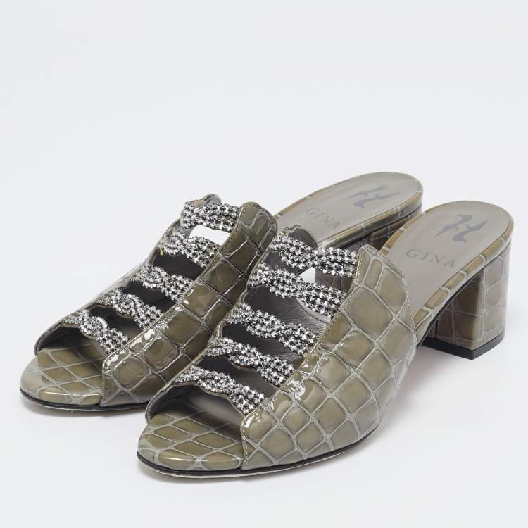 Pre Owned Gina Green Croc Embossed Patent Leather Block Heel Sandals Size 38.5